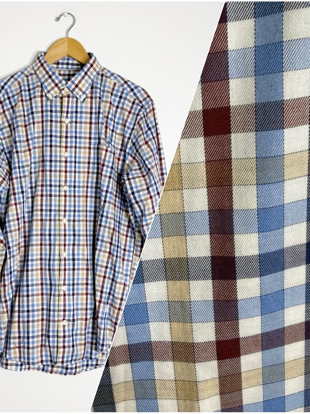Peter Millar Men’s Large Plaid Check Button Down Shirt 100% Cotton Blue Brown